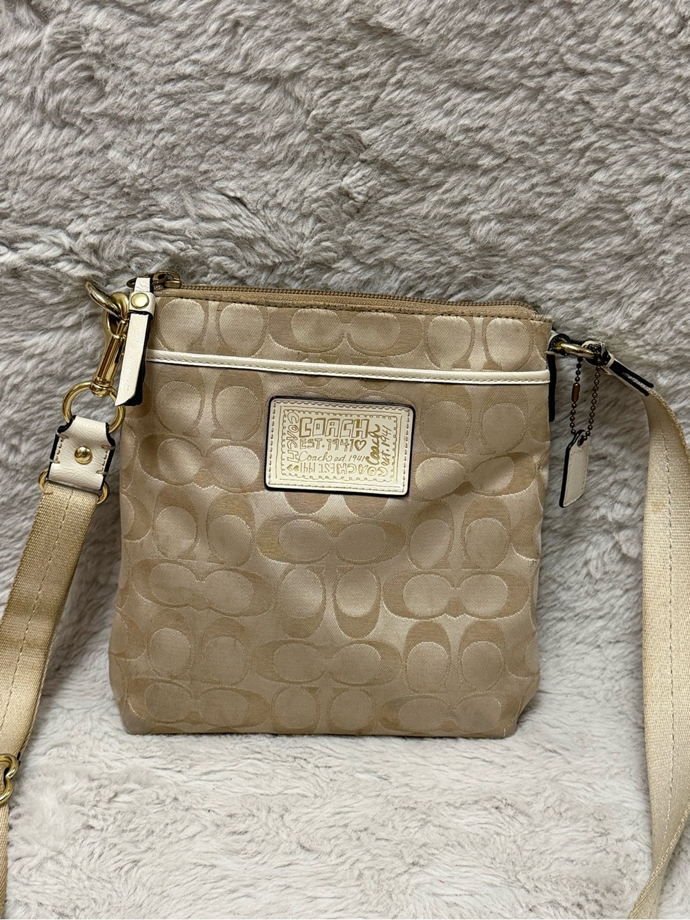 Coach Poppy Beige Signature Crossbody Bag with Gold Hardware